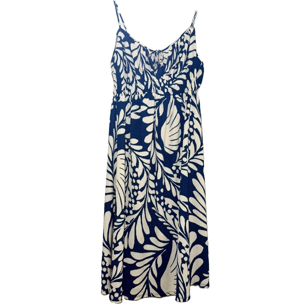 H&M Crinkled Jersey Midi Dress XL Blue White Tropical Strappy Coastal Keyhole